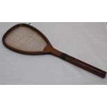 Tennis racket late c19th. Early original flat top racket with concave wedge and regular handle.