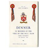 M.C.C. tour of South Africa 1948/49. 'Dinner in Honour of the M.C.C. Team'. Official menu held by