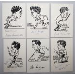 Cricket caricatures. Six mono postcard sized reproduction caricatures by Mickey Durling of