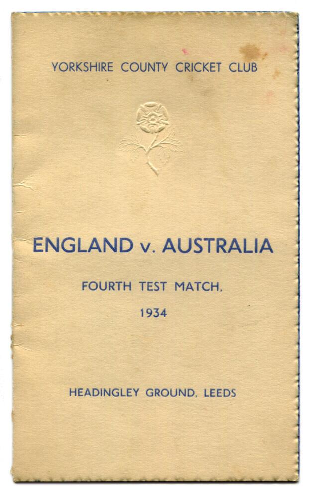 Australian tour of England 1934. 'England v Australia. Fourth Test Match 1934'. Scarce original menu