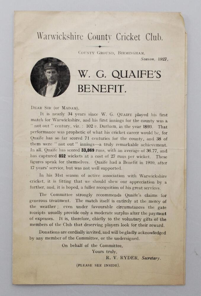 William G. Quaife. Warwickshire & England 1894-1928. Official four page printed appeal letter issued