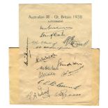 Australian XI - Gt. Britain 1938'. Official autograph sheet, lower half laid down to album page,