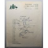 Australian tour of England 1972. Official autograph sheet signed in ink by fifteen members of the