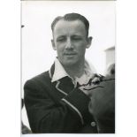 Don Bradman. Signed mono modern reproduction postcard size photograph, from original negative, of