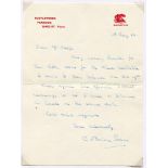 Arthur Brian Sellers, Yorkshire 1932-1948. Hand written letter turning down a request to be the