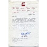 West Indies tour to England 1969. Original typed letter on official West Indies tour headed paper