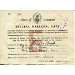 J.P. Fellows-Smith. Official pass to the 'Special Gallery, East' at the House of Commons, date