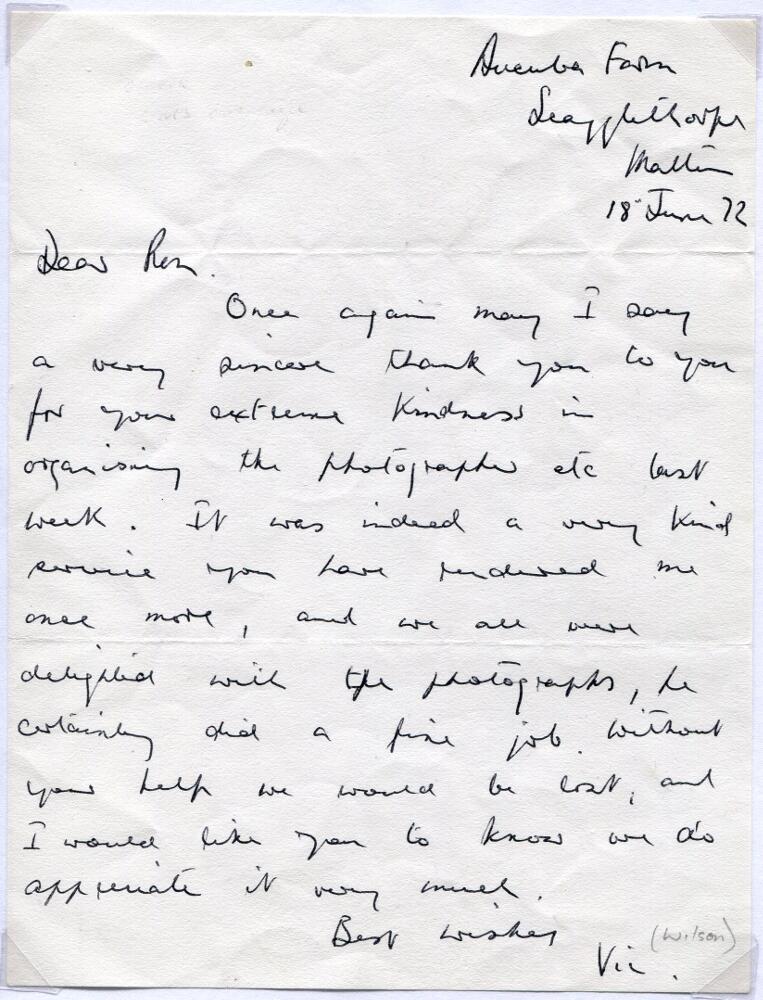 John Victor 'Vic' Wilson. Yorkshire & England, 1946-1962. Handwritten single page letter dated