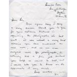 John Victor 'Vic' Wilson. Yorkshire & England, 1946-1962. Handwritten single page letter dated