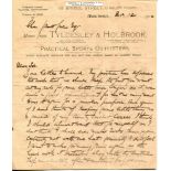 John Thomas Tyldesley. Lancashire & England 1895-1923. Hand written two page letter on '