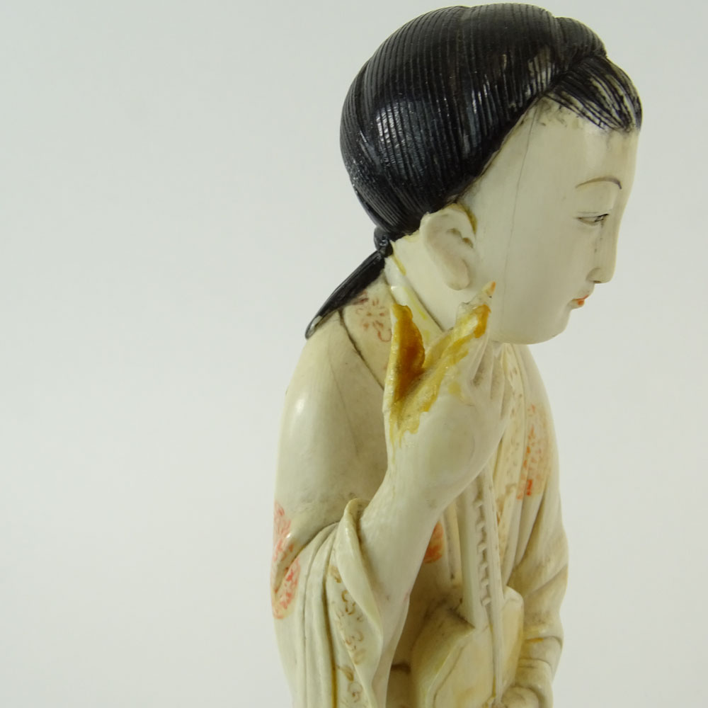 Chinese Carved Polychrome Ivory Maiden Figure on Carved Wood Base. Unsigned. Small losses / damages. - Image 4 of 6