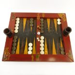 Mid 20th Chinese Motif Wood Backgammon Set With 30 Checkers, 2 sets of die, 2 leather dice cups,