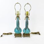 Pair of Circa 1920's Bronze Mounted Porcelain Lamps. The turquoise ground and cobalt drip glaze