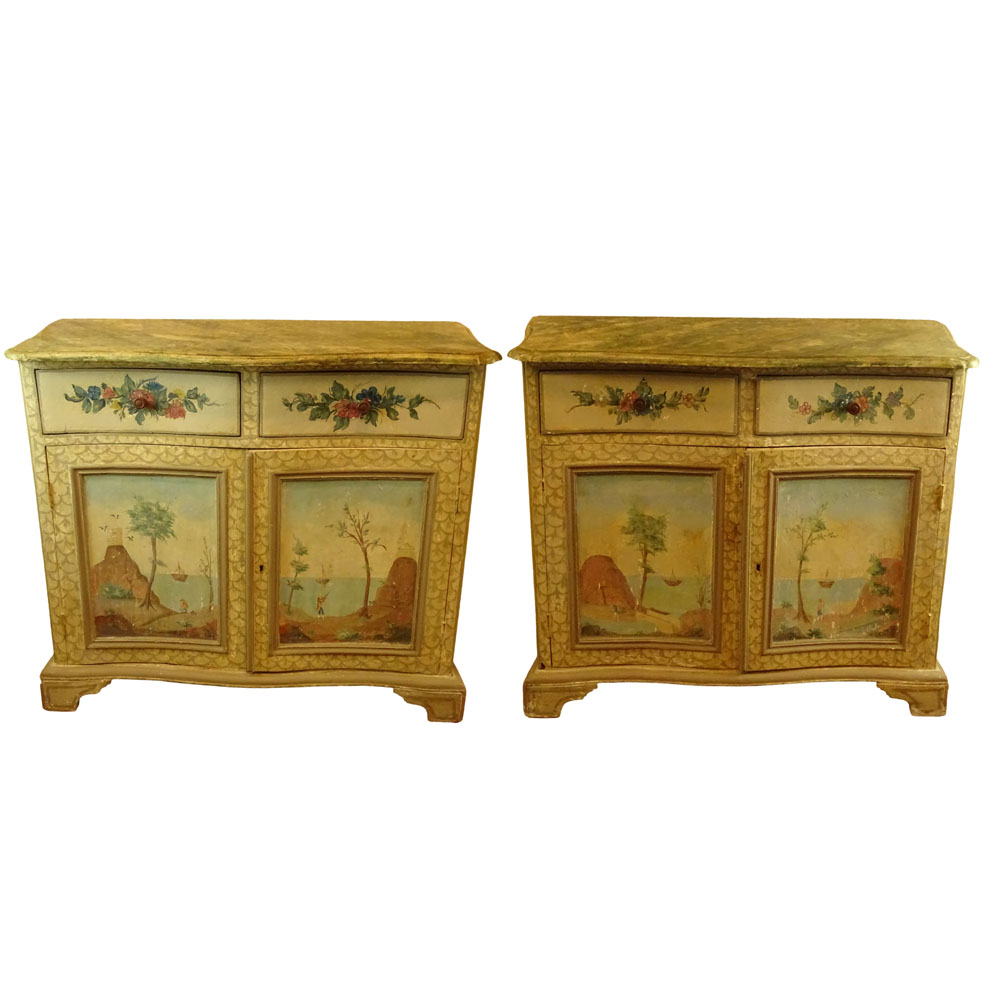 Pair of 19th Century Probably Italian Distressed Painted 2 Door, 2 Drawer Pine Cabinets with Faux