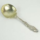 Large Gorham Art Nouveau Design Serving Spoon. Light gold wash on bowl. Signed Gorham Sterling H158.