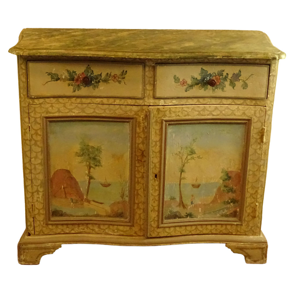 Pair of 19th Century Probably Italian Distressed Painted 2 Door, 2 Drawer Pine Cabinets with Faux - Image 4 of 5