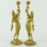 Pair of 19/20th Century French Egyptian Revival Gilt Bronze Figural Candlesticks. Unsigned. Good