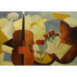 Maurice Louis Tte, French (1880-1948) Oil on Canvas "Still Life With Cello and Flowers" Signed