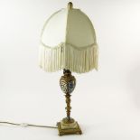 Antique French Champleve Lamp With Bronze Mountings. Fancy French Fringed Shade. Unsigned. Good