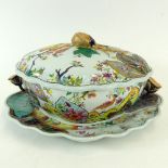 Vintage Mottahedeh Tobacco Leaf Large Covered Tureen with underplate and fruit finial. Signed.