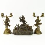Lansere, Russian (1875-1946) Bronze figural 3 piece desk set. Includes two, 2 light candelabra and
