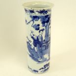 Chinese Blue and White Porcelain Cylinder Vase with Flared Rim. Figural Motif. Signed with double