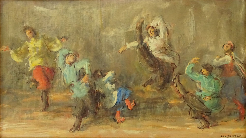 Lee Jackson, American (1909 - ) Oil on canvas board 'Russian Festival Dancers" Signed lower right.