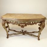 Large 19th Century Italian carved and distress painted wood console. Unsigned. Rubbing and surface
