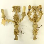 Pair of Early 20th Century Carved and Painted Wood 2 Light Sconces. Unsigned. Crack and damage to