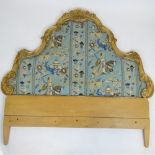 Early to mid 20th century carved painting gilt wood and upholstered headboard. Unsigned. Minor