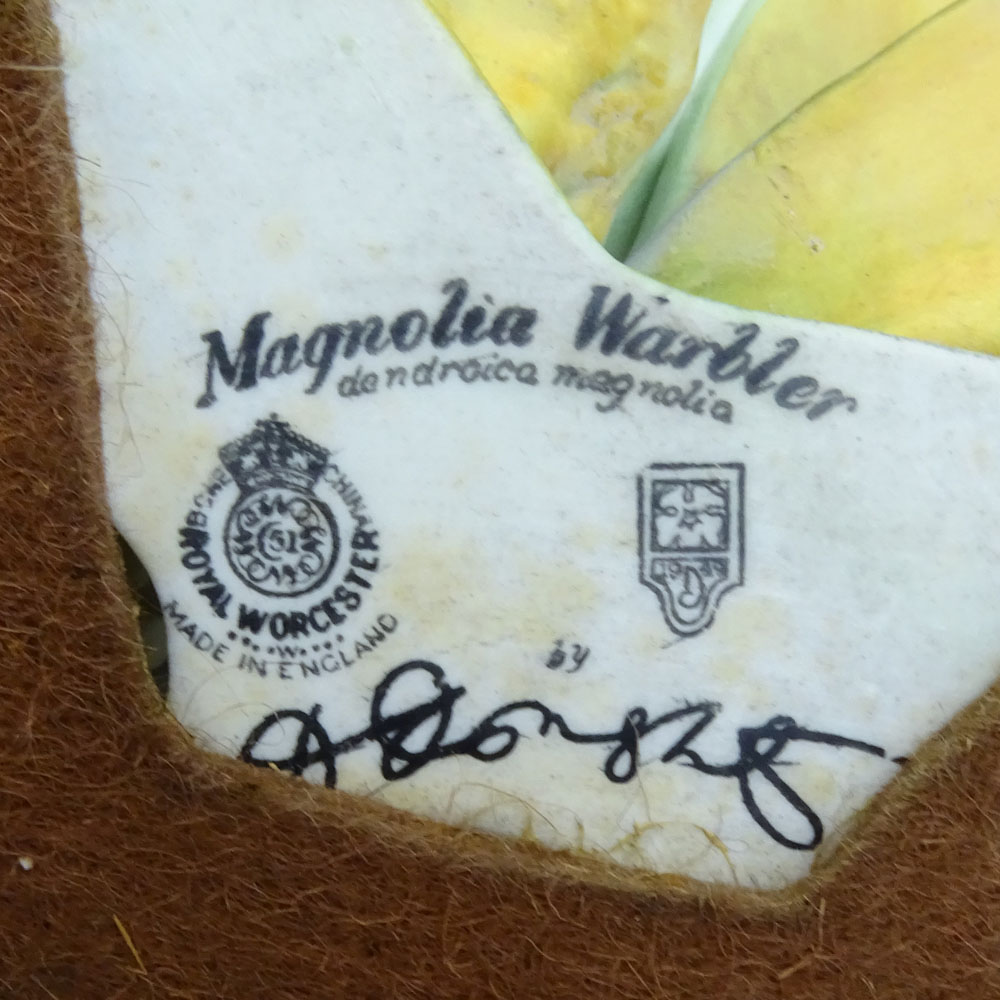 Dorothy Doughty Royal Worcester Porcelain Bird Group "Magnolia Warbler". On wood stand. Signed. Good - Image 7 of 7