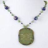 Vintage 14 Karat Yellow Gold, Carved Celadon Jade Pendant, Jade Bead and CloisonnŽ Enamel Bead