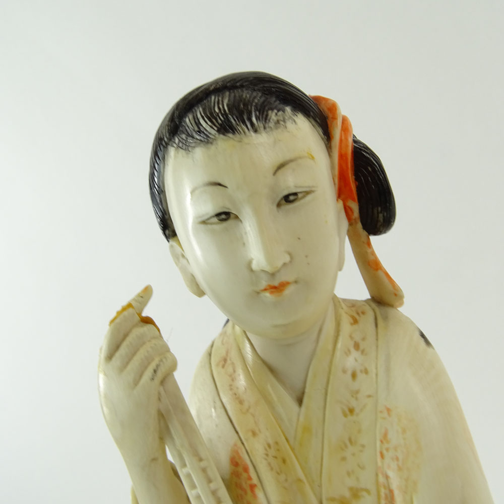 Chinese Carved Polychrome Ivory Maiden Figure on Carved Wood Base. Unsigned. Small losses / damages. - Image 5 of 6