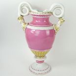 Large Meissen Snake Handle Porcelain Bolted Urn in Pink White and Parcel Gilt. Signed with crossed