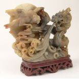 Chinese Carved Soapstone Sculpture Group and Base "Dragon with Eagle". Paper label en verso. Very