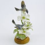 Dorothy Doughty Royal Worcester Porcelain Bird Group "Blue-Grey Gnatcatcher & Dogwood". On wood