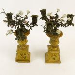 Pair of Early 20th Century Probably Italian Tole and Porcelain 3 Light Candelabra with Carved and