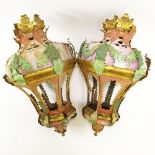 Pair of Early 20th Century Venetian style Painted and Parcel Gilt Tole Hanging Lanterns. Unsigned.