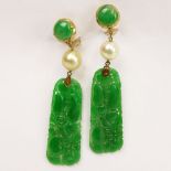 Pair of Vintage Chinese Carved and Reticulated Jade, Pearl and 14 Karat Yellow Gold Pendant