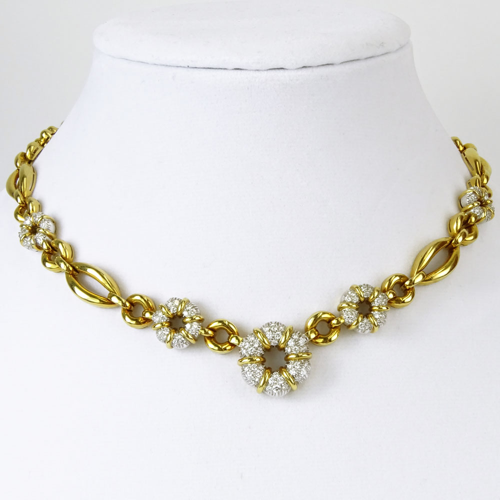 Vintage Italian 18 Karat Yellow Gold and approx. 3.5 Carat Round Cut Diamond Necklace. Signed 750,