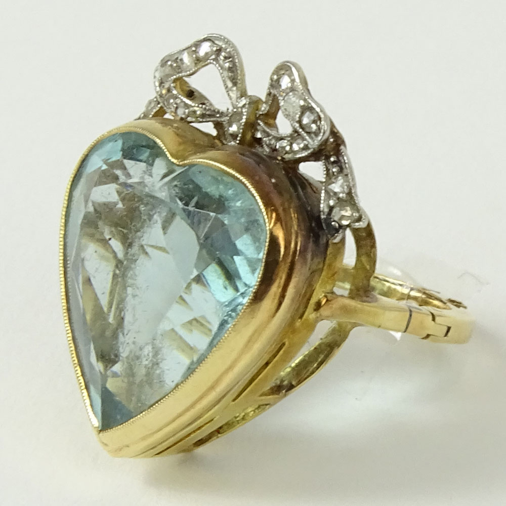 Victorian Heart Shape Aquamarine, Rose Cut Diamond and 14 Karat Yellow Gold Ring. Aquamarine with