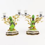 Pair of 20th Century Sevres Ormolu Bronze and Porcelain Figural Bird 2 Light Candelabra. Signed with