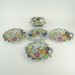 Collection of 5 Pieces Vintage Mottahedeh Porcelain Tobacco Leaf Dishes and small covered tureen