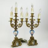 Pair Antique French Gilt Bronze and Porcelain Four (4) Light Lamps. Unsigned. Losses to bronze.