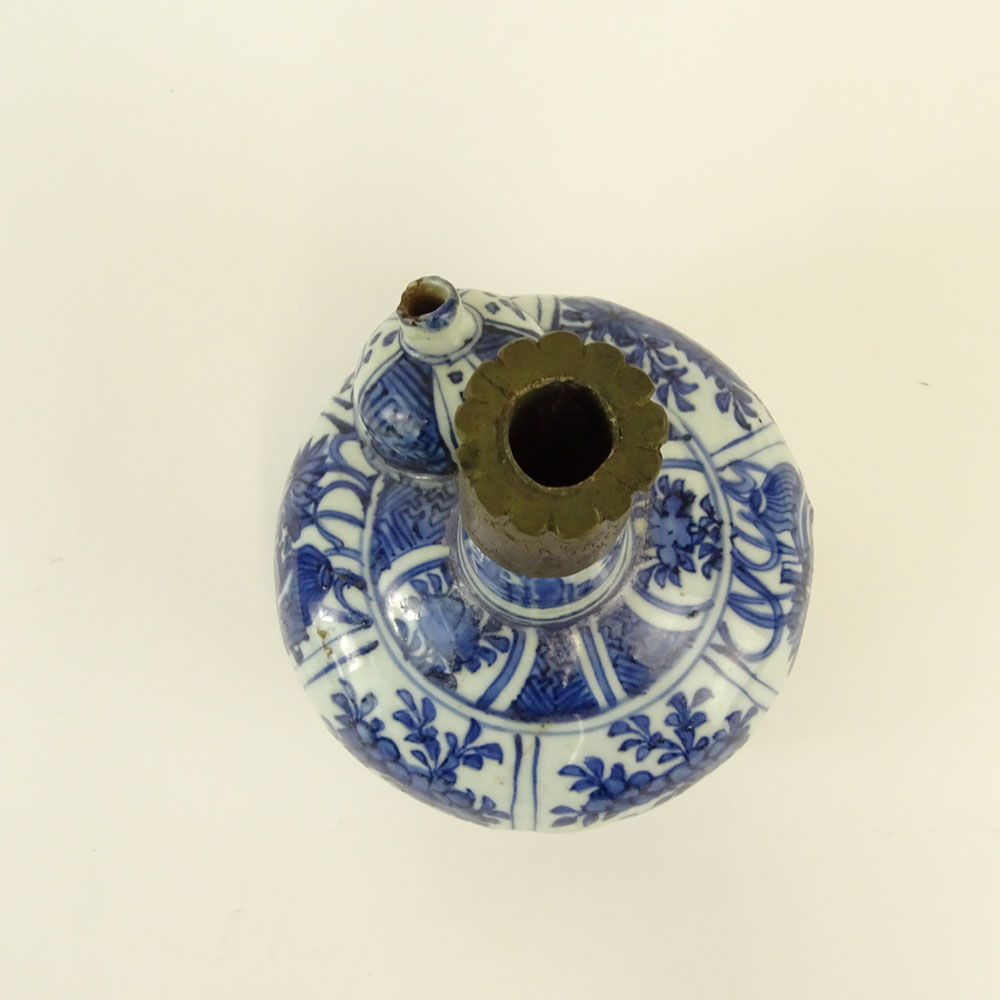 Chinese Ming Dynasty Blue and White Porcelain and Brass Opium Pipe Kendi. Unsigned. Restoration to - Image 6 of 8