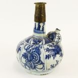 Chinese Ming Dynasty Blue and White Porcelain and Brass Opium Pipe Kendi. Unsigned. Restoration to