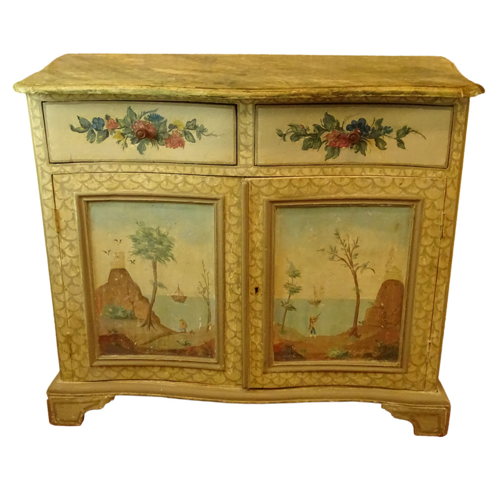 Pair of 19th Century Probably Italian Distressed Painted 2 Door, 2 Drawer Pine Cabinets with Faux - Image 2 of 5