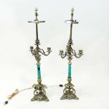 Pair Mid-Century Bronze 3 Arm Candelabra with Malachite Veneer as Lamps. Unsigned. Wear to gilding