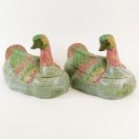 Pair 20th Century Chinese Porcelain Duck Form Covered Tureens. Unsigned. One with crack, the other