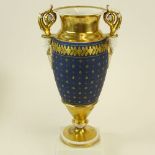 Antique Old Paris Hand Painted and Parcel Gilt Figural Handled Bolted Urn. Unsigned. Light wear or